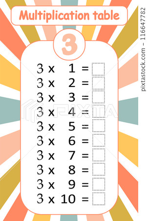 Multiplication table by 3 with a task to consolidate the knowledge of multiplication. Vector illustration Multiplication table by 3 with a task to consolidate the knowledge of multiplication. Vector illustration 116647782