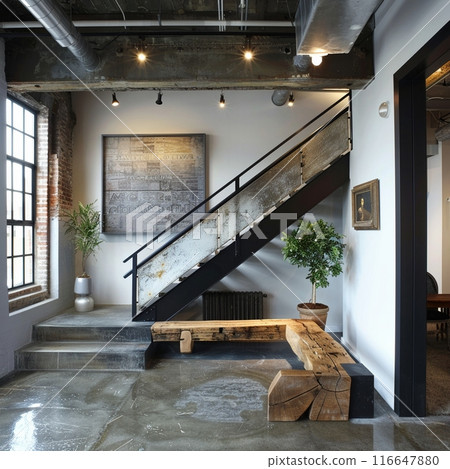 The office waiting room in a loft setting features a stylish staircase alongside a rustic wooden bench 116647880