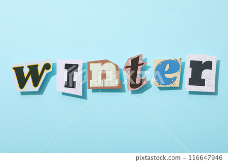 The word "winter" is made of colored plasticine on a blue background. 116647946