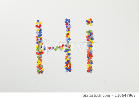 The word "hi" is made of colored plasticine on a white background. 116647962