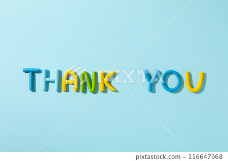 The word "thank you" from colored plasticine on a blue background. 116647968