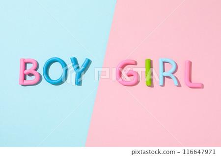 The word "boy, girl" is made of colored plasticine on a blue-pink background. 116647971