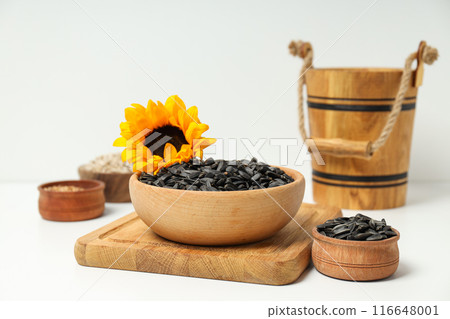Sunflower seeds, concept of tasty snack, concept of harvest Sunflower seeds, concept of tasty snack, concept of harvest 116648001