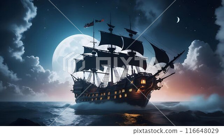 夜間漂浮在海上的海盜船 116648029