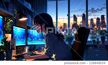 一個女孩用顯示器觀看熱帶魚 116648034