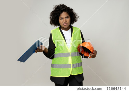PNG,A young girl in the form of a construction worker with a hard hat, isolated on white background 116648144