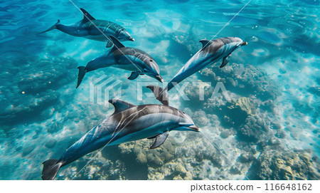 Dolphins swimming on the surface of the sea 116648162