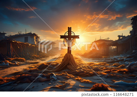 A cross in a ruined city, an image of rebirth 116648271