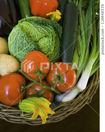 Flat lay and close up assortment of freshly picked vegetable. Vegetables background. Selective focus 116648339