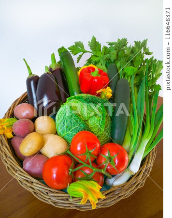 Flat lay and close up assortment of freshly picked vegetable. Vegetables background. Selective focus 116648371