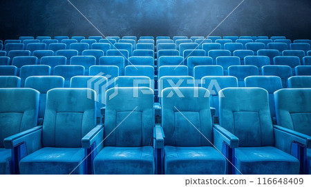 Empty blue theater seats in rows, waiting for the show to begin.  A sense of anticipation hangs in the air. 116648409