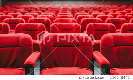 Rows of empty red theater seats in a darkened movie theater. Rows of empty red theater seats in a darkened movie theater. 116648441