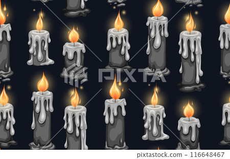 Gloomy vector pattern with black candles on a dark background. Mystical texture with wax candles for wrapping paper. Gloomy vector pattern with black candles on a dark background. Mystical texture with wax candles for wrapping paper. 116648467