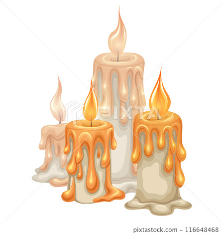 Vector illustration of festive candle composition on white background. Spa and aromatherapy. Religious wax candles. 116648468