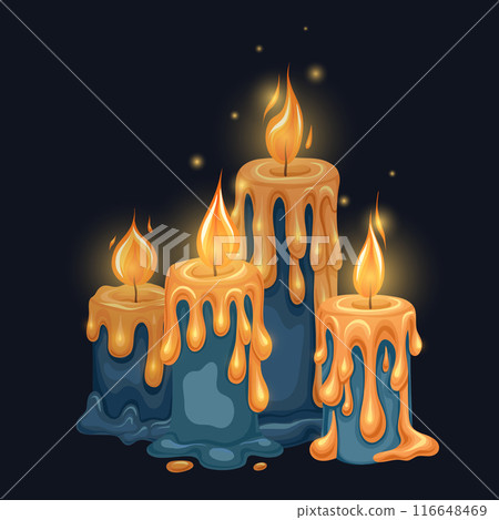Vector illustration of a candle composition on a dark background. Religious wax candles with sparks Vector illustration of a candle composition on a dark background. Religious wax candles with sparks 116648469