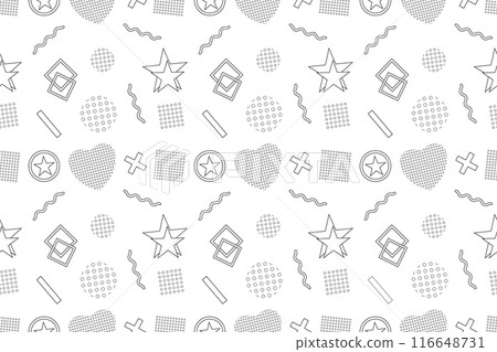A seamless Memphis style retro pattern with abstract geometric shapes and lines in black and white, ideal for coloring pages and creative projects. A seamless Memphis style retro pattern with abstract geometric shapes and lines in black and white, ideal for coloring pages and creative projects. 116648731