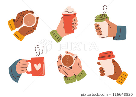 Coffee hands collection, vector illustration in flat cartoon style. Hands holding coffee cups, cozy mugs, to-go cups, warm drinks. Takeaway beverages in autumn, fall and winter themes 116648820