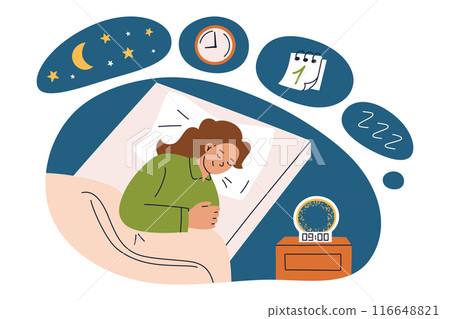 Sleep schedule vector illustration, bedtime routine concept. Woman sleeping in bed with alarm clock, cozy bedroom scene. Daily routine, sleep hygiene, and wellness concept. Moon and stars on night sky 116648821