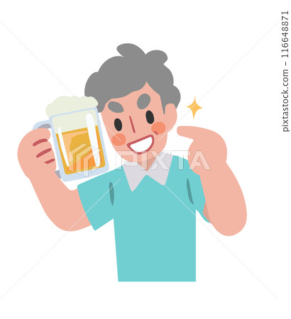 Illustration of a senior man holding a beer in one hand and pointing Illustration of a senior man holding a beer in one hand and pointing 116648871