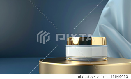 Cosmetic cream in a glass jar on a blue backdrop. Skin care concept. Background for beauty products 116649010