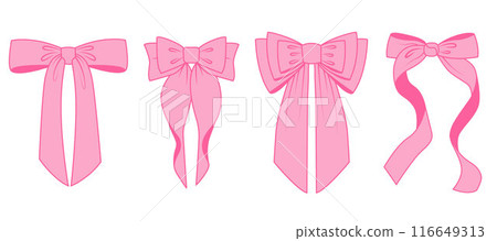Ribbon bow for hair. Cute pink vector tie with knot for gift. Girly flat accessories illustrations set for birthday holiday. Cartoon fashion elements for decoration. Romantic vintage collection 116649313