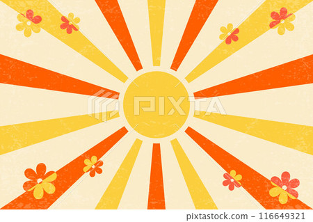 Sunny retro background with radial rays and daisy flowers. Vector bright 70s abstract poster with beams. Groovy vintage design illustration. Color old paper grunge texture banner 116649321