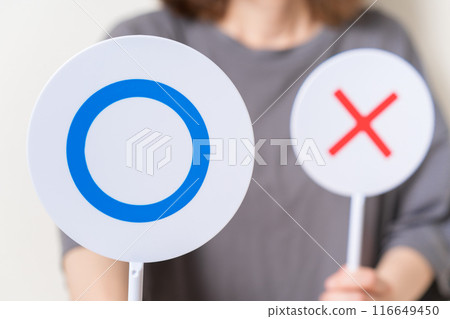 A woman holds up a plate of circles A woman holds up a plate of circles 116649450