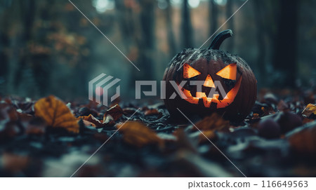 AI 生成的圖像真實地描繪了放置在黑暗森林中的大南瓜燈 116649563