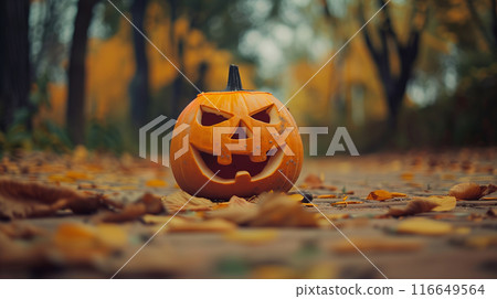 A realistic AI-generated image of a large pumpkin lantern in a dark forest A realistic AI-generated image of a large pumpkin lantern in a dark forest 116649564