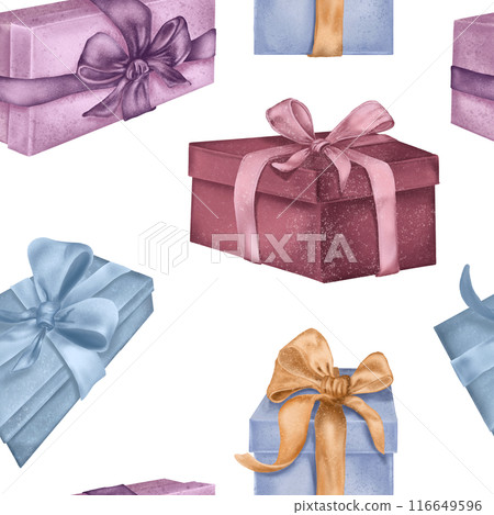 Holiday gift boxes in watercolor on seamless pattern isolated on white. Various present boxes with ribbons hand drawn. Repeating pattern for new year design wrapping, holiday, birthday package 116649596