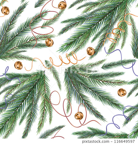 Spruce branches on seamless watercolor pattern isolated on white. Christmas endless background with coniferous plants and bells hand drawn. Festive pattern for wrapping paper, wallpapers, and package. Spruce branches on seamless watercolor pattern isolated on white. Christmas endless background with coniferous plants and bells hand drawn. Festive pattern for wrapping paper, wallpapers, and package. 116649597
