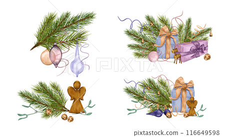 Christmas compositions set of gift boxes, wooden toys in watercolor illustration isolated on white. Pine branches, angel, bells hand drawn. Elements for New Year holiday 2025, greeting design. Christmas compositions set of gift boxes, wooden toys in watercolor illustration isolated on white. Pine branches, angel, bells hand drawn. Elements for New Year holiday 2025, greeting design. 116649598