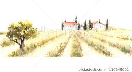 Watercolor Landscape with old farm houses, trees and harvest fields, fruit bushes and hills Rural nature, summer countryside Hand painted illustration on isolated background for card, banner, template 116649691
