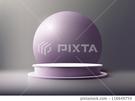 3D White and Purple Podium with Smooth Sphere Backdrop on Gray Background, Modern Style Product Display Mockup for Showroom 3D White and Purple Podium with Smooth Sphere Backdrop on Gray Background, Modern Style Product Display Mockup for Showroom 116649759