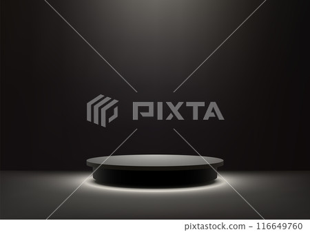Modern 3D Black Podium with Spotlight in a Dark Room, Ideal for Product Display, Mockup, Showroom 116649760