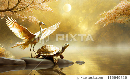 鶴和龜，長壽和新年的象徵，生成AI，AI圖像 116649816
