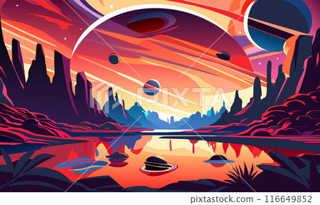 Abstract bright infographics on the theme of a futuristic alien landscape. 116649852