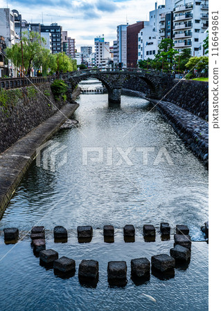 Evening view of Nakajima River and Meganebashi Bridge [Nagasaki City] 116649861