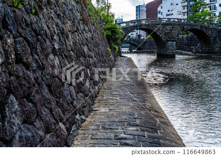 Evening view of Nakajima River and Meganebashi Bridge [Nagasaki City] 116649863