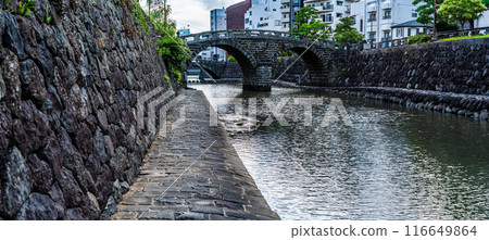 Evening view of Nakajima River and Meganebashi Bridge, panorama [Nagasaki City] 116649864
