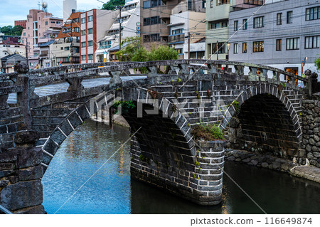 Evening view of Nakajima River and Meganebashi Bridge [Nagasaki City] 116649874