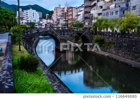 Evening view of Nakajima River and Meganebashi Bridge [Nagasaki City] 116649880
