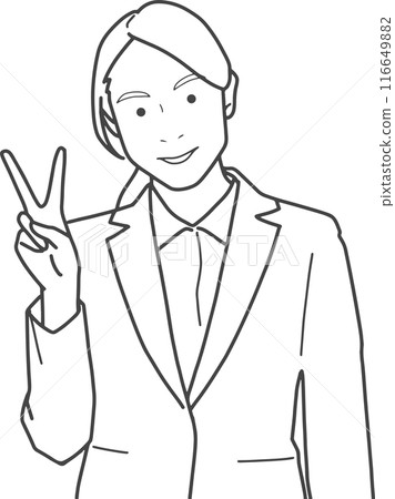 Business woman making a peace sign (line drawing) 116649882