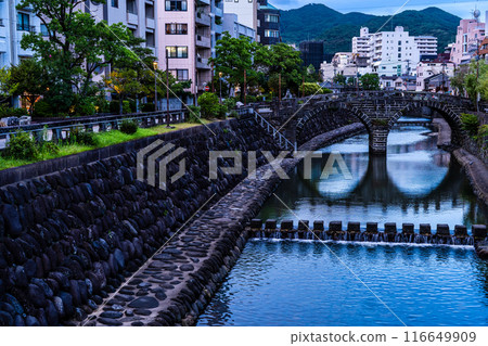 Evening view of Nakajima River and Meganebashi Bridge [Nagasaki City] 116649909