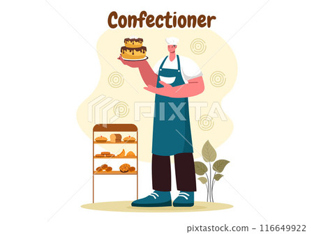 Confectioner Vector Illustration featuring a Chef Wearing an Apron Preparing Desserts, Sweet Products, and Pastries in a Flat Style Cartoon Background 116649922