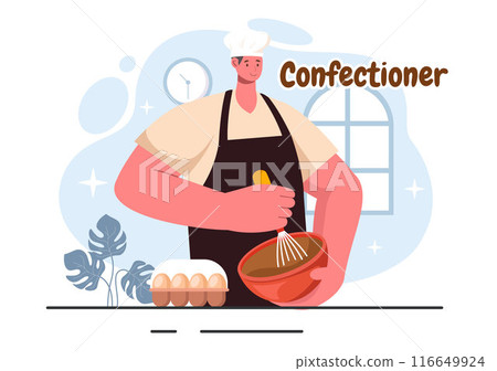 Confectioner Vector Illustration featuring a Chef Wearing an Apron Preparing Desserts, Sweet Products, and Pastries in a Flat Style Cartoon Background 116649924