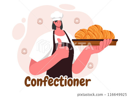 Confectioner Vector Illustration featuring a Chef Wearing an Apron Preparing Desserts, Sweet Products, and Pastries in a Flat Style Cartoon Background Confectioner Vector Illustration featuring a Chef Wearing an Apron Preparing Desserts, Sweet Products, and Pastries in a Flat Style Cartoon Background 116649925