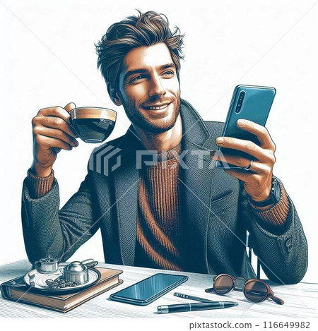 Man looking at smartphone while drinking coffee Man looking at smartphone while drinking coffee 116649982
