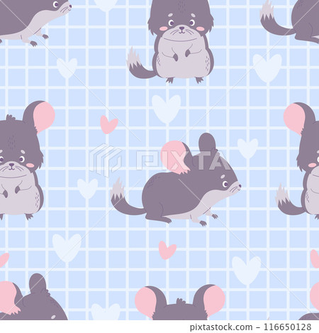 Seamless pattern with chinchilla on light blue checkered background. Funny cartoon animal rodent. Vector illustration. Kids collection. 116650128