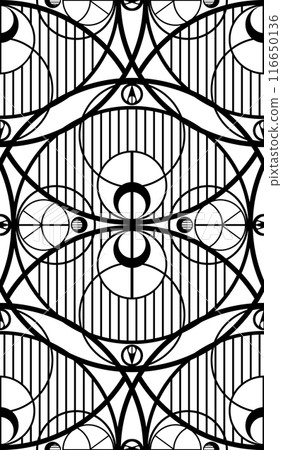 Vector monochrome geometric seamless pattern with circles. Arabic tracery texture. Arabic surface design Vector monochrome geometric seamless pattern with circles. Arabic tracery texture. Arabic surface design 116650136